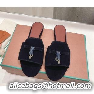 Top Grade Loro Piana Summer Charms Slides Sandal in Suede Deep Blue 1230056