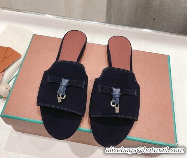 Top Grade Loro Piana Summer Charms Slides Sandal in Suede Deep Blue 1230056