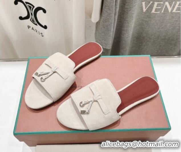 Most Popular Loro Piana Summer Charms Slides Sandal in Suede Pale Grey 1230057