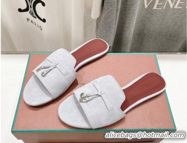 Pretty Style Loro Piana Summer Charms Slides Sandal in Suede Grey White 1230059