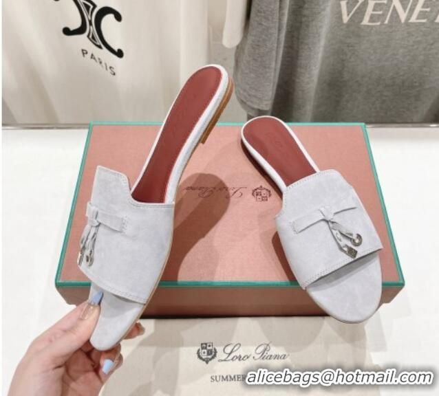 Pretty Style Loro Piana Summer Charms Slides Sandal in Suede Grey White 1230059