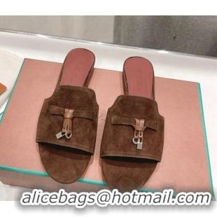 Pretty Style Loro Piana Summer Charms Slides Sandal in Suede Coffee Brown 1230061