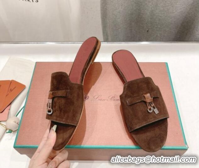 Pretty Style Loro Piana Summer Charms Slides Sandal in Suede Coffee Brown 1230061