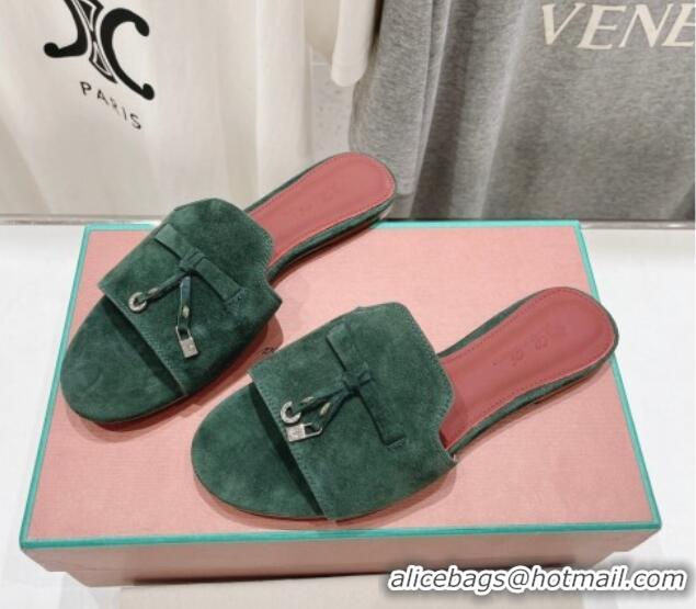 Good Looking Loro Piana Summer Charms Slides Sandal in Suede Dark Green 1230062