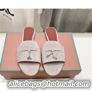 Top Grade Loro Piana Summer Charms Slides Sandal in Suede Light Grey 1230063