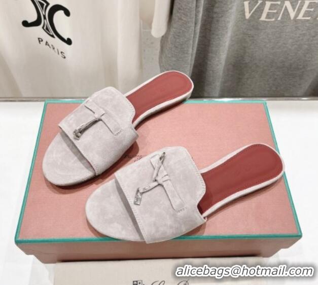 Top Grade Loro Piana Summer Charms Slides Sandal in Suede Light Grey 1230063