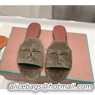 Luxurious Loro Piana Summer Charms Slides Sandal in Suede Dusty Green 1230064