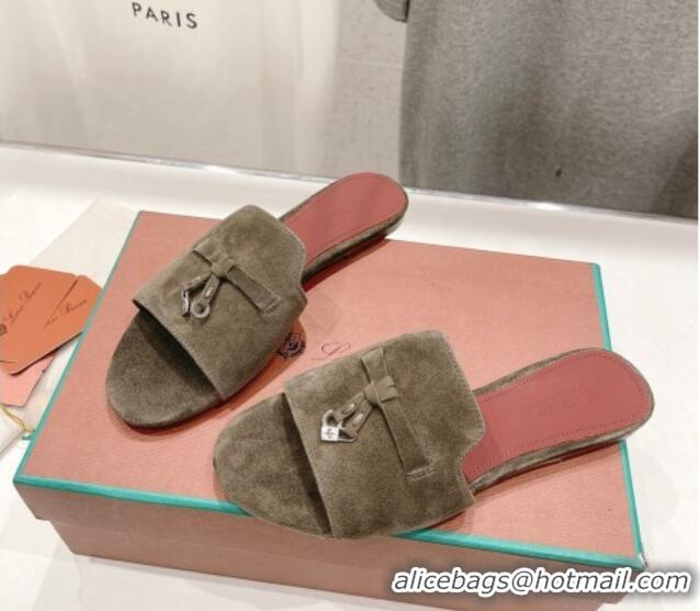 Luxurious Loro Piana Summer Charms Slides Sandal in Suede Dusty Green 1230064