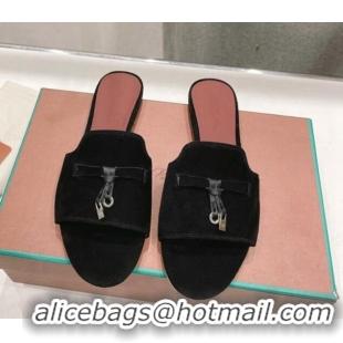 Best Product Loro Piana Summer Charms Slides Sandal in Suede Black 1230065