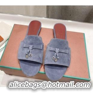 Good Quality Loro Piana Summer Charms Slides Sandal in Suede Dusty Blue 1230066