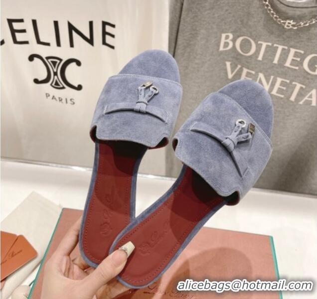 Good Quality Loro Piana Summer Charms Slides Sandal in Suede Dusty Blue 1230066