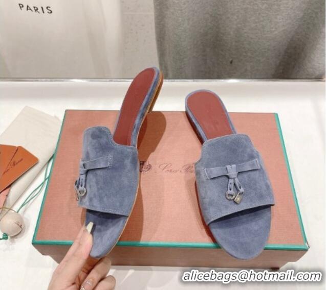 Good Quality Loro Piana Summer Charms Slides Sandal in Suede Dusty Blue 1230066