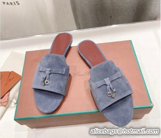 Good Quality Loro Piana Summer Charms Slides Sandal in Suede Dusty Blue 1230066