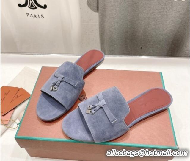 Good Quality Loro Piana Summer Charms Slides Sandal in Suede Dusty Blue 1230066