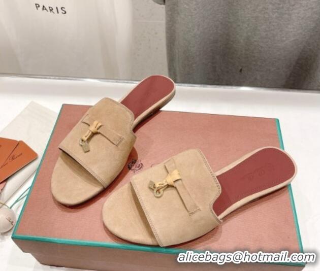 Popular Style Loro Piana Summer Charms Slides Sandal in Suede Apricot 1230067