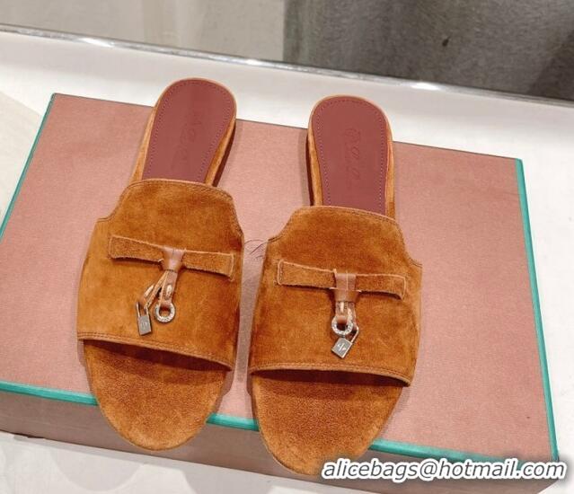 Shop Duplicate Loro Piana Summer Charms Slides Sandal in Suede Brown Yellow 1230068