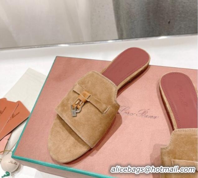 Luxury Discount Loro Piana Summer Charms Slides Sandal in Suede Dark Apricot 1230070