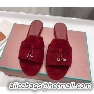 Luxury Loro Piana Summer Charms Slides Sandal in Suede Dark Burgundy 1230071