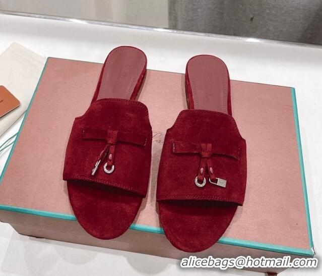 Luxury Loro Piana Summer Charms Slides Sandal in Suede Dark Burgundy 1230071