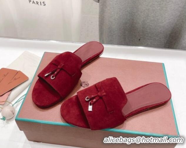 Luxury Loro Piana Summer Charms Slides Sandal in Suede Dark Burgundy 1230071