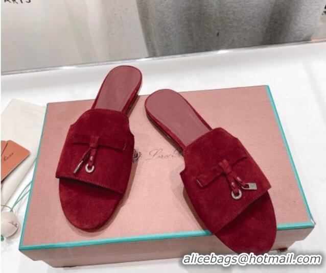 Luxury Loro Piana Summer Charms Slides Sandal in Suede Dark Burgundy 1230071