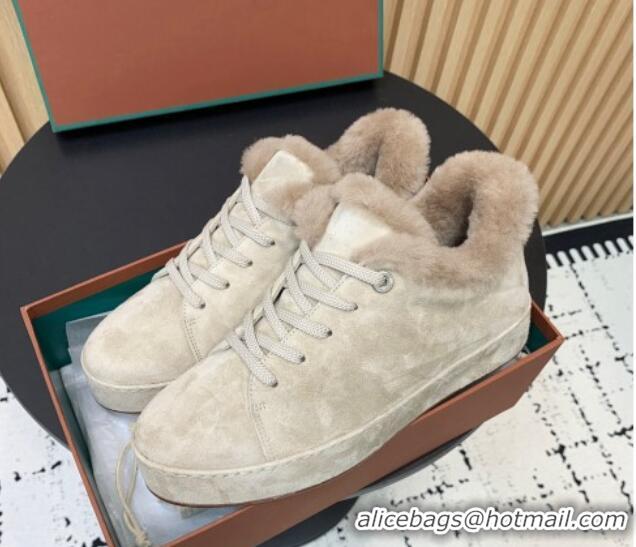 Stylish Loro Piana Low top Sneakers in Suede and Wool Fur Beige 1230073