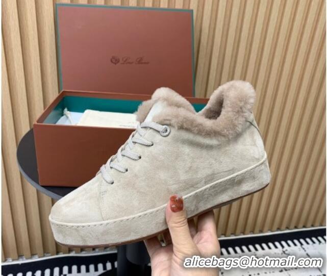 Stylish Loro Piana Low top Sneakers in Suede and Wool Fur Beige 1230073