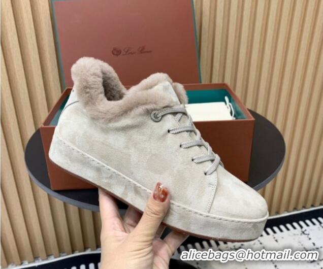 Stylish Loro Piana Low top Sneakers in Suede and Wool Fur Beige 1230073