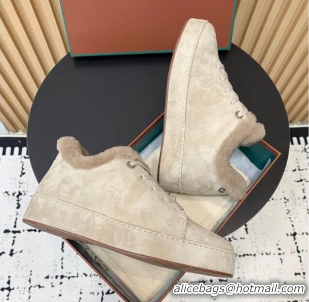 Stylish Loro Piana Low top Sneakers in Suede and Wool Fur Beige 1230073