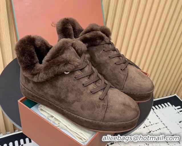 Youthful Loro Piana Low top Sneakers in Suede and Wool Fur Dark Brown 1230075