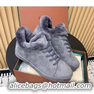 Charming Loro Piana Low top Sneakers in Suede and Wool Fur Dusty Blue 1230077