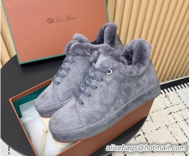 Charming Loro Piana Low top Sneakers in Suede and Wool Fur Dusty Blue 1230077