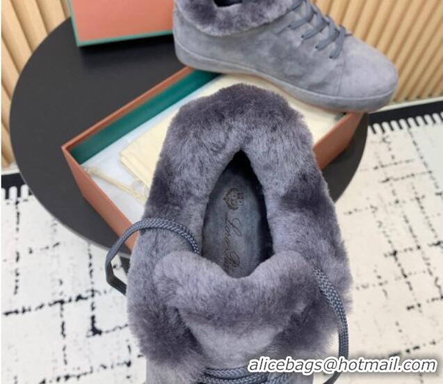 Charming Loro Piana Low top Sneakers in Suede and Wool Fur Dusty Blue 1230077