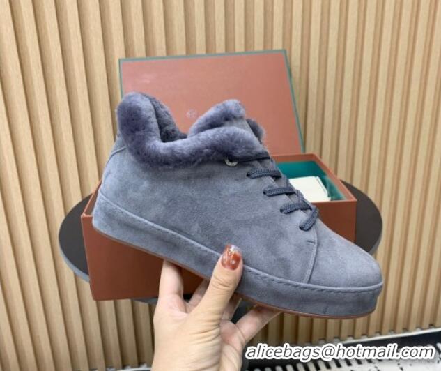 Charming Loro Piana Low top Sneakers in Suede and Wool Fur Dusty Blue 1230077