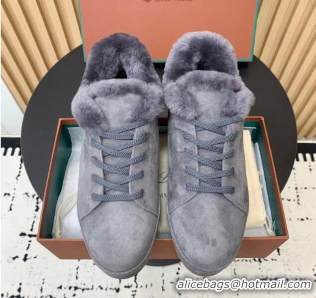 Charming Loro Piana Low top Sneakers in Suede and Wool Fur Dusty Blue 1230077