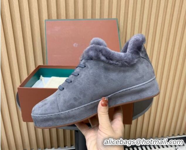 Charming Loro Piana Low top Sneakers in Suede and Wool Fur Dusty Blue 1230077