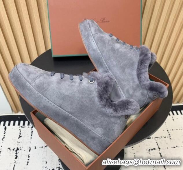 Charming Loro Piana Low top Sneakers in Suede and Wool Fur Dusty Blue 1230077