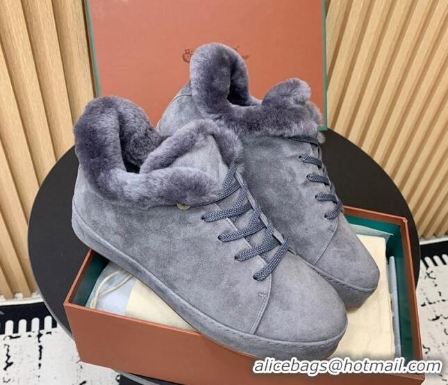 Charming Loro Piana Low top Sneakers in Suede and Wool Fur Dusty Blue 1230077