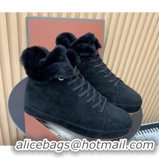 Best Grade Loro Piana High top Sneakers in Suede and Wool Fur Black 1230080