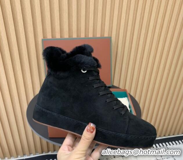 Best Grade Loro Piana High top Sneakers in Suede and Wool Fur Black 1230080