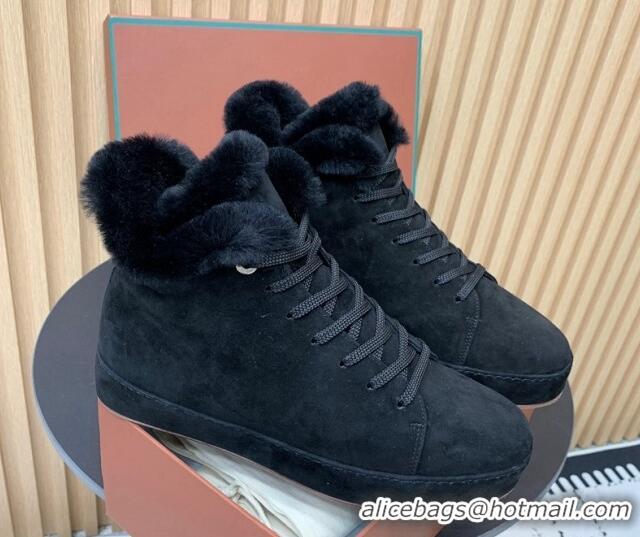 Best Grade Loro Piana High top Sneakers in Suede and Wool Fur Black 1230080