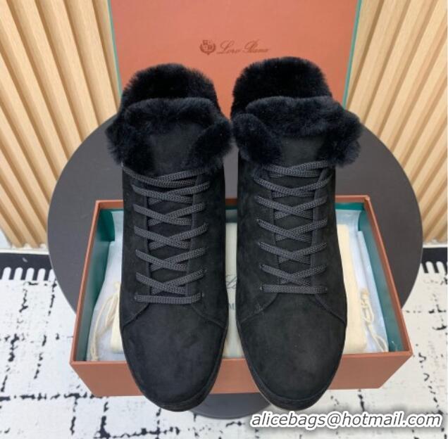 Best Grade Loro Piana High top Sneakers in Suede and Wool Fur Black 1230080