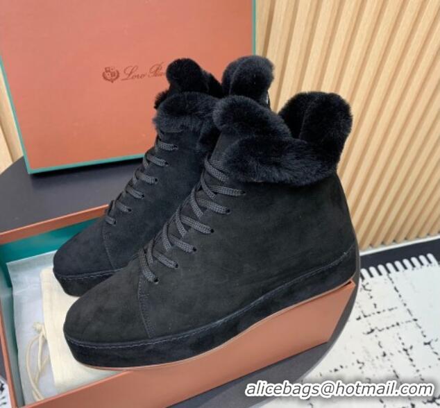 Best Grade Loro Piana High top Sneakers in Suede and Wool Fur Black 1230080