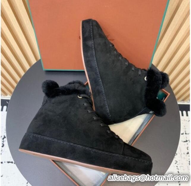 Best Grade Loro Piana High top Sneakers in Suede and Wool Fur Black 1230080