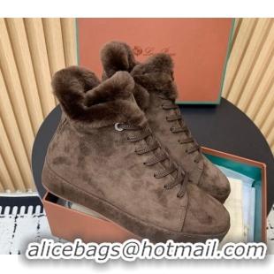 Purchase Loro Piana High top Sneakers in Suede and Wool Fur Dark Brown 1230083