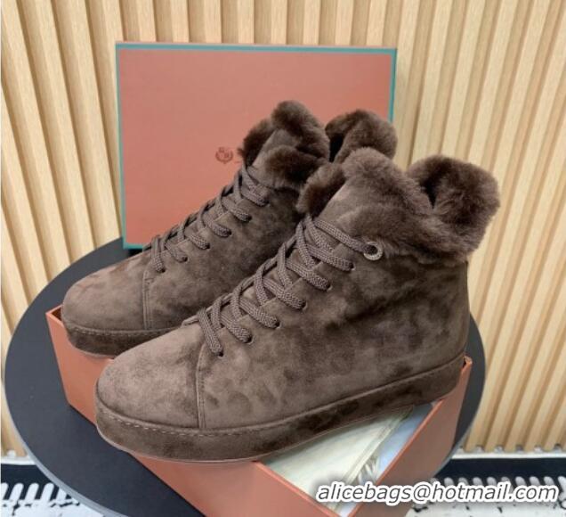 Purchase Loro Piana High top Sneakers in Suede and Wool Fur Dark Brown 1230083