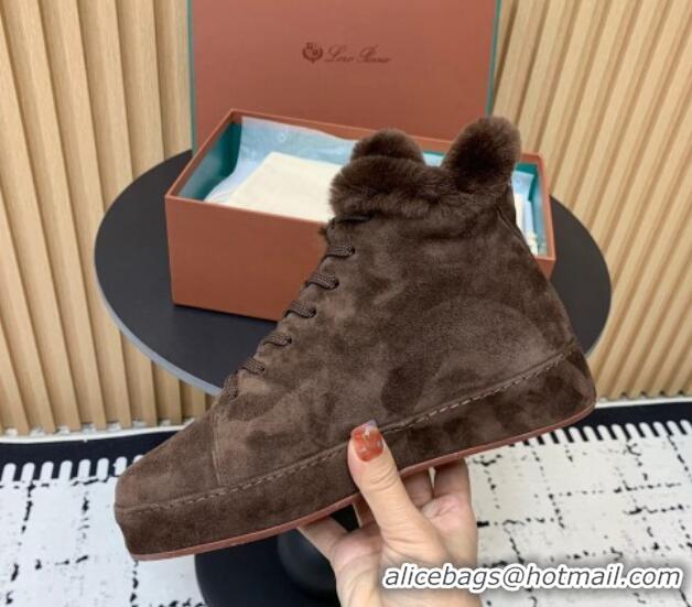 Purchase Loro Piana High top Sneakers in Suede and Wool Fur Dark Brown 1230083