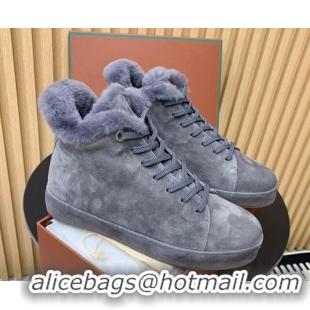 Classic Hot Loro Piana High top Sneakers in Suede and Wool Fur Dusty Blue 1230084