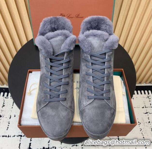 Classic Hot Loro Piana High top Sneakers in Suede and Wool Fur Dusty Blue 1230084