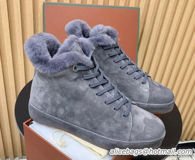 Classic Hot Loro Piana High top Sneakers in Suede and Wool Fur Dusty Blue 1230084